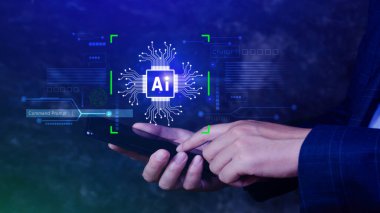 Ai teknolojisi, iş adamı sanal küresel internet bağlantısı kullanan Chatgpt sohbet yapay zeka, komut kullanarak bir şeyler üretmek için, fütürist teknoloji dönüşümü.