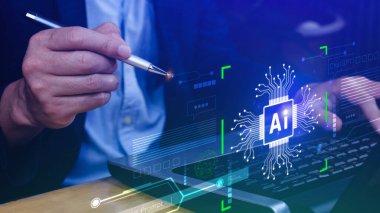 Ai teknolojisi, iş adamı sanal küresel internet bağlantısı kullanan Chatgpt sohbet yapay zeka, komut kullanarak bir şeyler üretmek için, fütürist teknoloji dönüşümü.