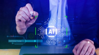 Ai teknolojisi, iş adamı sanal küresel internet bağlantısı kullanan Chatgpt sohbet yapay zeka, komut kullanarak bir şeyler üretmek için, fütürist teknoloji dönüşümü.