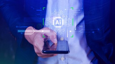 Ai teknolojisi, iş adamı sanal küresel internet bağlantısı kullanan Chatgpt sohbet yapay zeka, komut kullanarak bir şeyler üretmek için, fütürist teknoloji dönüşümü.