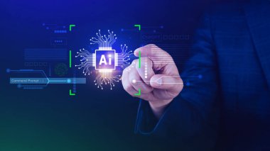 Ai teknolojisi, iş adamı sanal küresel internet bağlantısı kullanan Chatgpt sohbet yapay zeka, komut kullanarak bir şeyler üretmek için, fütürist teknoloji dönüşümü.