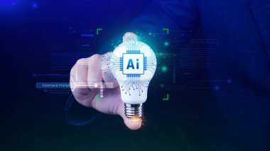 Ai teknolojisi, iş adamı sanal küresel internet bağlantısı kullanan Chatgpt sohbet yapay zeka, komut kullanarak bir şeyler üretmek için, fütürist teknoloji dönüşümü.