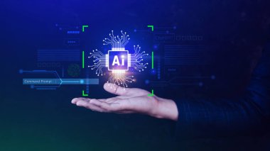 Ai teknolojisi, iş adamı sanal küresel internet bağlantısı kullanan Chatgpt sohbet yapay zeka, komut kullanarak bir şeyler üretmek için, fütürist teknoloji dönüşümü.