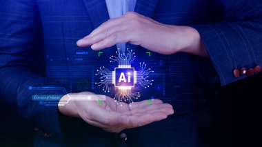 Ai teknolojisi, iş adamı sanal küresel internet bağlantısı kullanan Chatgpt sohbet yapay zeka, komut kullanarak bir şeyler üretmek için, fütürist teknoloji dönüşümü.