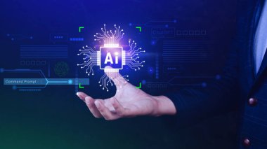 Ai teknolojisi, iş adamı sanal küresel internet bağlantısı kullanan Chatgpt sohbet yapay zeka, komut kullanarak bir şeyler üretmek için, fütürist teknoloji dönüşümü.