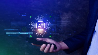 Ai teknolojisi, iş adamı sanal küresel internet bağlantısı kullanan Chatgpt sohbet yapay zeka, komut kullanarak bir şeyler üretmek için, fütürist teknoloji dönüşümü.