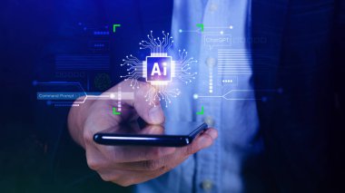Ai teknolojisi, iş adamı sanal küresel internet bağlantısı kullanan Chatgpt sohbet yapay zeka, komut kullanarak bir şeyler üretmek için, fütürist teknoloji dönüşümü.