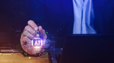 Ai teknolojisi, iş adamı sanal küresel internet bağlantısı kullanan Chatgpt sohbet yapay zeka, komut kullanarak bir şeyler üretmek için, fütürist teknoloji dönüşümü.