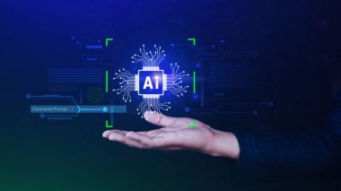 Ai teknolojisi, iş adamı sanal küresel internet bağlantısı kullanan Chatgpt sohbet yapay zeka, komut kullanarak bir şeyler üretmek için, fütürist teknoloji dönüşümü.