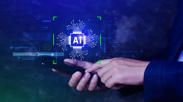 Ai teknolojisi, iş adamı sanal küresel internet bağlantısı kullanan Chatgpt sohbet yapay zeka, komut kullanarak bir şeyler üretmek için, fütürist teknoloji dönüşümü.