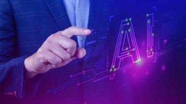 Ai teknolojisi, iş adamı sanal küresel internet bağlantısı kullanan Chatgpt sohbet yapay zeka, komut kullanarak bir şeyler üretmek için, fütürist teknoloji dönüşümü.