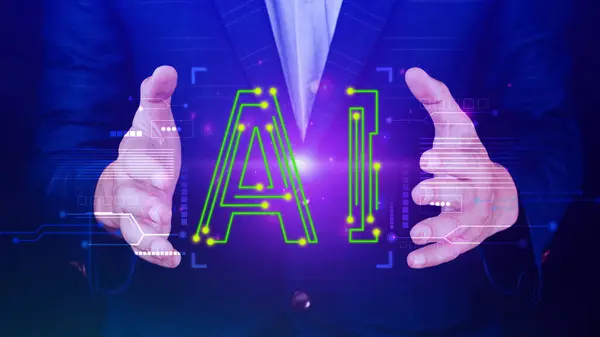Ai tech, Businessman using virtual graphic Global Internet connect Chatgpt Chat with AI, Artificial Intelligence, using command prompt for generates something, Futuristic technology transformation.