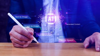 Ai teknolojisi, Chatgpt Sohbeti 'ni yapay zeka, yapay zeka, görsel metin, konuşma, akıllı yapay zeka ile sanal grafik küresel internet bağlantısı kullanarak bir şeyler üretmek için komut komutu kullanmak, geleceksel teknoloji dönüşümü..