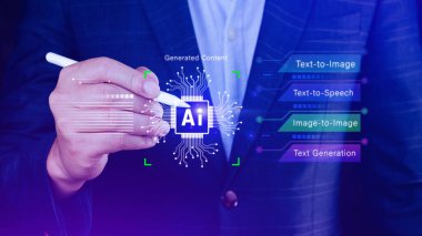 Ai teknolojisi, Chatgpt Sohbeti 'ni yapay zeka, yapay zeka, görsel metin, konuşma, akıllı yapay zeka ile sanal grafik küresel internet bağlantısı kullanarak bir şeyler üretmek için komut komutu kullanmak, geleceksel teknoloji dönüşümü..