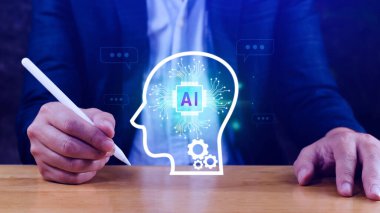 Yapay Zeka veya Yapay Zeka ile ChatGPT Sohbeti, sanal ekranda dokunmatik yapay zeka simgesi, robot uygulaması, dijital sohbet robotu, OpenAI üreticisi. Gelecekçi teknoloji konsepti.