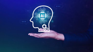 Yapay Zeka veya Yapay Zeka ile ChatGPT Sohbeti, sanal ekranda dokunmatik yapay zeka simgesi, robot uygulaması, dijital sohbet robotu, OpenAI üreticisi. Gelecekçi teknoloji konsepti.