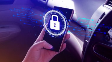 İnternet, Teknoloji, İnternet, Dijital ve Ağ Güvenliği kavramında siber güvenlik ve çevrimiçi veri koruması, akıllı telefon üzerindeki sanal kilit ikonuna elle dokunmak.