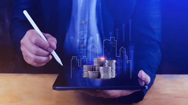 Real estate investment marketing analysis, Stack of coins with graph of business growth, Planning to increase profits doing business, Concept business prosperity and asset management.