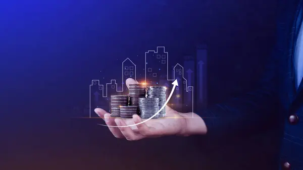 Real estate investment marketing analysis, Stack of coins with graph of business growth, Planning to increase profits doing business, Concept business prosperity and asset management.