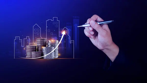 Gayrimenkul yatırım pazarlama analizi, ticari büyüme grafikli bozuk para yığını, iş yapma kârını artırmayı planlama, iş refahını ve varlık yönetimini kavramsallaştırma.