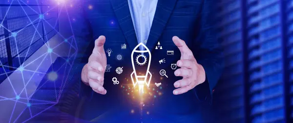 Startup business concept, rocket launching and flying from hand to sky for growing business, fast business success, startup founder, network connection, idea generation, digital marketing success.