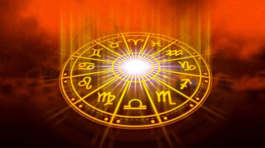 Astroloji ve burç kavramı, burç çarkının içindeki kişi, yıldız çemberi içindeki astrolojik burç işaretleri, gökyüzündeki yıldızlar bilgisi, evrenin gücü..