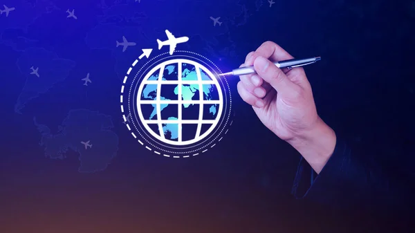 Travel insurance and business travel concepts, Booking airplane tickets on digital app or online travel insurance concept, protective gesture and icon of plane and globe.
