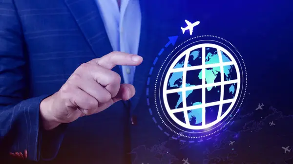 Travel insurance and business travel concepts, Booking airplane tickets on digital app or online travel insurance concept, protective gesture and icon of plane and globe.