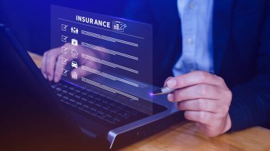 Konsept Çevrimiçi Sigorta, sigorta ve sigorta ikonları aile sağlığı gayrimenkul otomobili ve risk yönetimi konsepti için finans, Çevrimiçi sigorta.