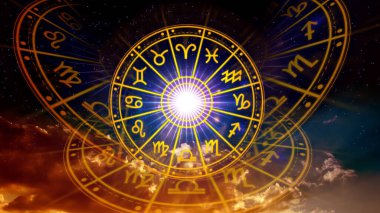 Astroloji ve burç kavramı, burç çarkının içindeki kişi, yıldız çemberi içindeki astrolojik burç işaretleri, gökyüzündeki yıldızlar bilgisi, evrenin gücü..