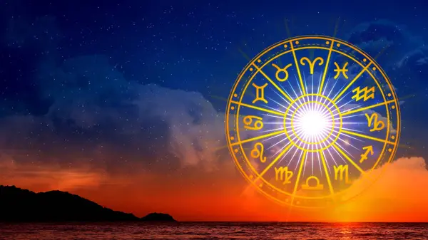 Concept of astrology and horoscope, person inside a zodiac sign wheel, Astrological zodiac signs inside of horoscope circle, Astrology, knowledge of stars in the sky, power of the universe concept.