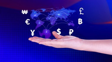 Dünya ülkeleri arasındaki para transferleri ve döviz alışverişlerini elinde tutan işadamı, çevrimiçi bankacılık bankaları arası ödeme kavramı.