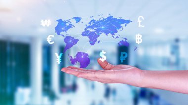 Dünya ülkeleri arasındaki para transferleri ve döviz alışverişlerini elinde tutan işadamı, çevrimiçi bankacılık bankaları arası ödeme kavramı.