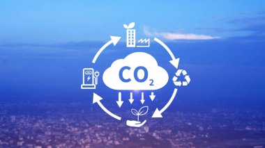 CO2, küresel ısınmayı iklim değişikliğinden sınırlamak için karbon ayak izi ve karbon kredisini azaltmak amacıyla dairesel ikona sahip ikonu küçültüyor, Biyo Dairesel Yeşil Ekonomi kavramı.