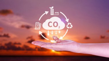 Hand holding CO2 reducing virtual icon for decrease carbon dioxide emission, carbon footprint and carbon credit to limit global warming from Bio climate change concept. clipart