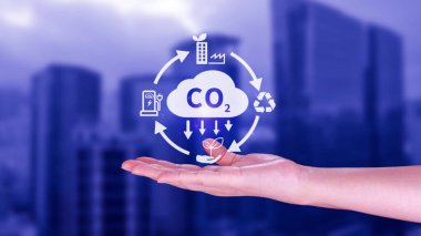 Biyolojik iklim değişikliği kavramından küresel ısınmayı sınırlamak için karbon dioksit emisyonunu, karbon ayak izini ve karbon kredisini azaltmak amacıyla el ele tutuşan CO2 sanal ikonu azaltıyor.