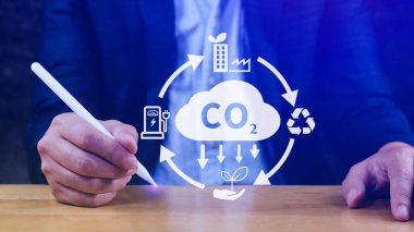 Biyolojik iklim değişikliği kavramından küresel ısınmayı sınırlamak için karbon dioksit emisyonunu, karbon ayak izini ve karbon kredisini azaltmak amacıyla el ele tutuşan CO2 sanal ikonu azaltıyor.