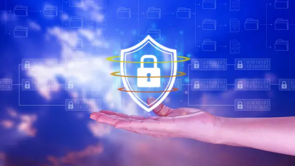 Computer network protection, secure and safe your data concept, businessman holding shield protection icon, Security shield Lock Security Business Protect Concept.