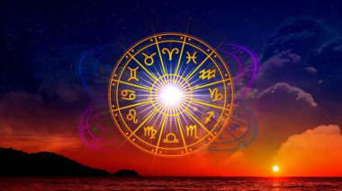 Astroloji ve burç kavramı, burç çarkının içindeki kişi, yıldız çemberi, astroloji, gökyüzü bilgisi, evrenin gücü....