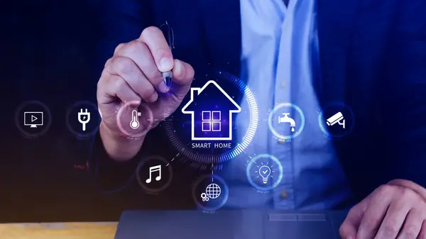 Smart home technology, User touches virtual screen manage smart home features including security, lighting, temperature, Smart home and Iot concept.