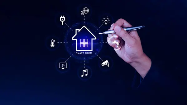 Smart home technology, User touches virtual screen manage smart home features including security, lighting, temperature, Smart home and Iot concept.