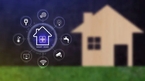Smart home technology, virtual screen manage smart home features including security, lighting, temperature, Smart home automation assistant and Iot concept.