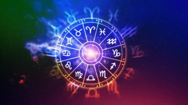 Astroloji ve burç kavramı, burç çarkının içindeki kişi, yıldız çemberi içindeki astrolojik burç işaretleri, gökyüzündeki yıldızlar bilgisi, evrenin gücü..