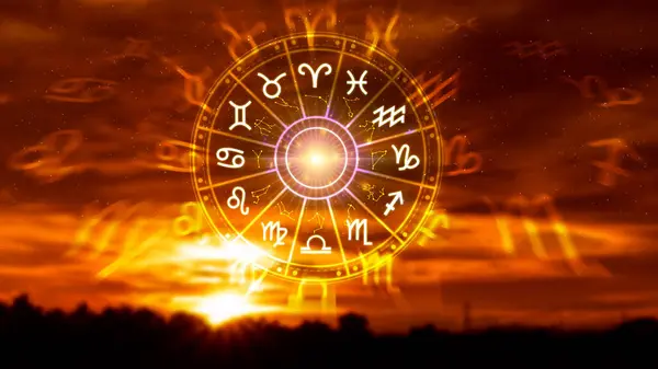 Astroloji ve burç kavramı, burç çarkının içindeki kişi, yıldız çemberi içindeki astrolojik burç işaretleri, gökyüzündeki yıldızlar bilgisi, evrenin gücü..