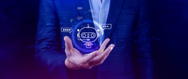 Dijital sohbet robotu, robot uygulaması, konuşma asistanı, yapay zeka konsepti, sanal ekranda dijital sohbet robotu kullanan bir iş adamı..