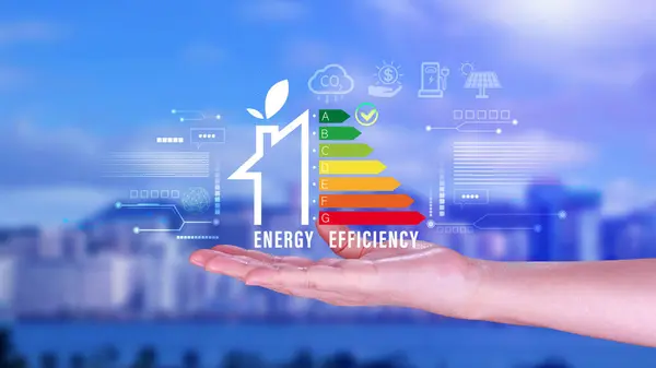 Enerji verimliliği kavramı, İşadamı enerji verimli ev inşa hızı denetimi, yenilenebilir enerji kavramı için sanal enerji verimliliği puanına dokunuyor.