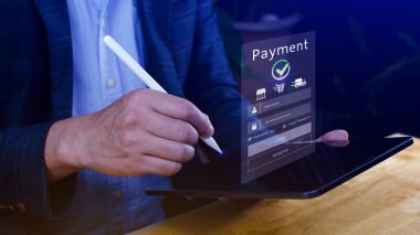 Dijital çevrimiçi ödeme kavramı, çevrimiçi ödeme ve alışveriş çevrimiçi ödeme, bankacılık, Çevrimiçi para transferi onaylandı, konsept çevrimiçi bankacılık, ödeme transferi.