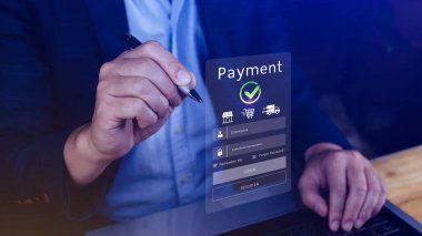 Dijital çevrimiçi ödeme kavramı, çevrimiçi ödeme ve alışveriş çevrimiçi ödeme, bankacılık, Çevrimiçi para transferi onaylandı, konsept çevrimiçi bankacılık, ödeme transferi.