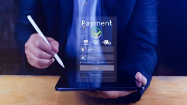 Dijital çevrimiçi ödeme kavramı, çevrimiçi ödeme ve alışveriş çevrimiçi ödeme, bankacılık, Çevrimiçi para transferi onaylandı, konsept çevrimiçi bankacılık, ödeme transferi.