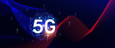 5G arka plan ağ kavramı, birbiriyle bağlantılı 5G sembollü holografik dijital küre, modern iş ve iletişim 5G teknolojisi, dijital dönüşüm.
